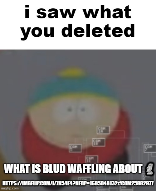 i saw what you deleted cartman | WHAT IS BLUD WAFFLING ABOUT 🗿; HTTPS://IMGFLIP.COM/I/7N54E4?NERP=1685048132#COM25882977 | image tagged in i saw what you deleted cartman | made w/ Imgflip meme maker
