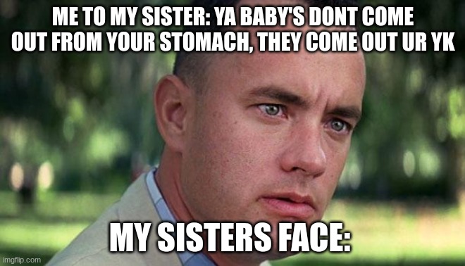 uh opps | ME TO MY SISTER: YA BABY'S DONT COME OUT FROM YOUR STOMACH, THEY COME OUT UR YK; MY SISTERS FACE: | image tagged in forest gump,sister,weird,wut,welp | made w/ Imgflip meme maker