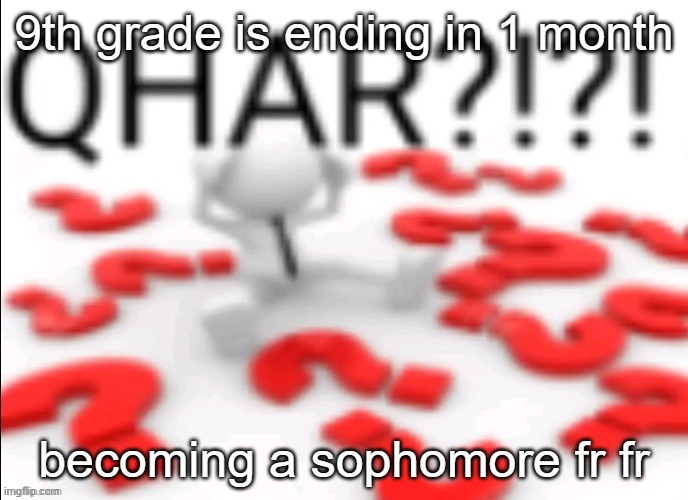 qhar | 9th grade is ending in 1 month; becoming a sophomore fr fr | image tagged in qhar | made w/ Imgflip meme maker