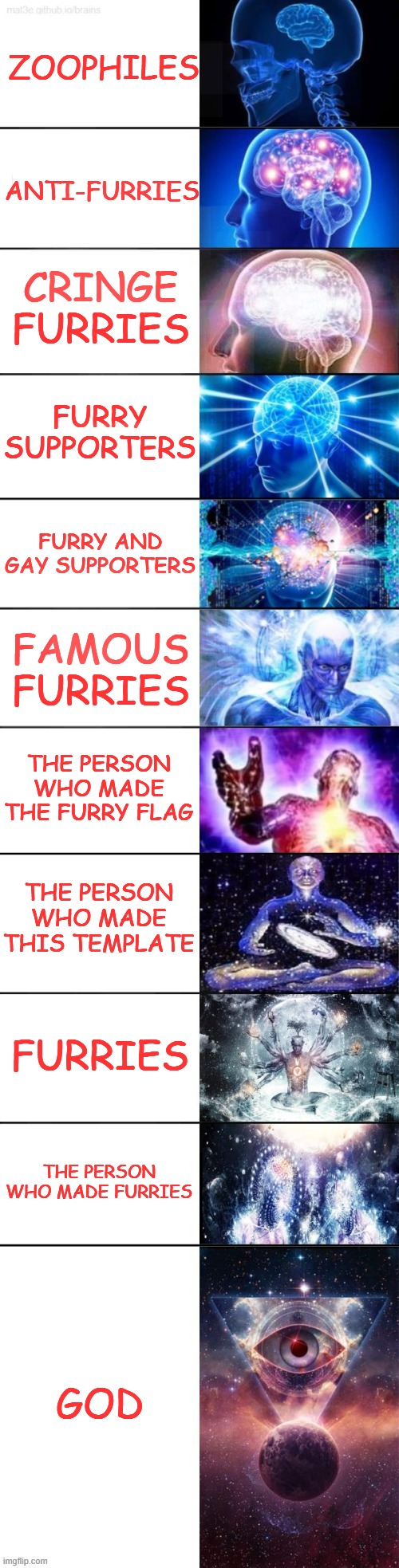 Expanded Expanding Brain (but with pre set-up textboxes) | ZOOPHILES; ANTI-FURRIES; CRINGE FURRIES; FURRY SUPPORTERS; FURRY AND GAY SUPPORTERS; FAMOUS FURRIES; THE PERSON WHO MADE THE FURRY FLAG; THE PERSON WHO MADE THIS TEMPLATE; FURRIES; THE PERSON WHO MADE FURRIES; GOD | image tagged in expanded expanding brain but with pre set-up textboxes | made w/ Imgflip meme maker