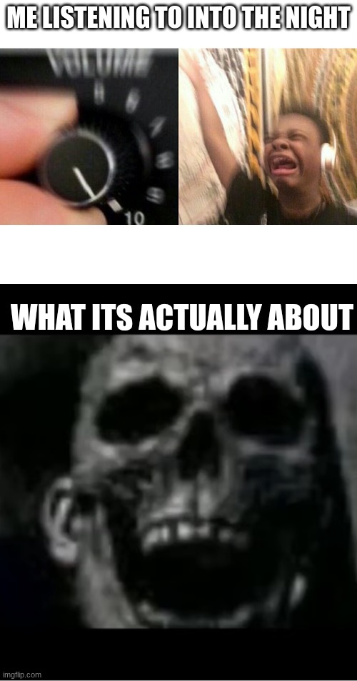 Alt version of the one before this | ME LISTENING TO INTO THE NIGHT; WHAT ITS ACTUALLY ABOUT | image tagged in loud music | made w/ Imgflip meme maker