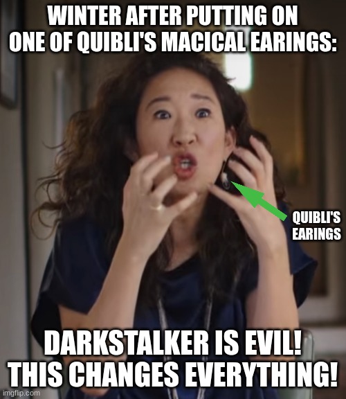 This change everything | WINTER AFTER PUTTING ON ONE OF QUIBLI'S MACICAL EARINGS: DARKSTALKER IS EVIL! THIS CHANGES EVERYTHING! QUIBLI'S EARINGS | image tagged in this change everything | made w/ Imgflip meme maker