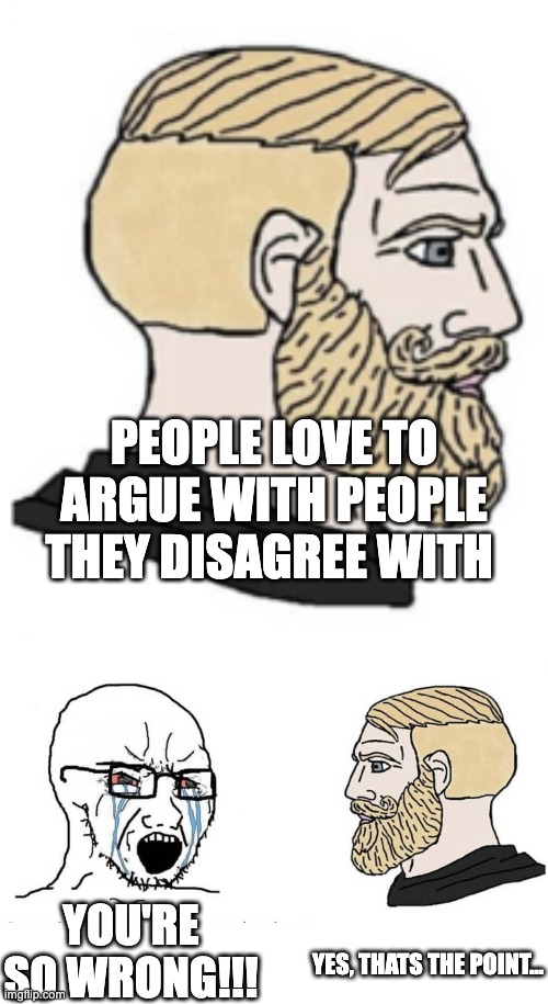 there would never be an issue if they didn't make a big deal out of everything. they spill the milk so they can cry over it | PEOPLE LOVE TO ARGUE WITH PEOPLE THEY DISAGREE WITH; YOU'RE SO WRONG!!! YES, THATS THE POINT... | image tagged in soyboy vs yes chad,funny,people | made w/ Imgflip meme maker