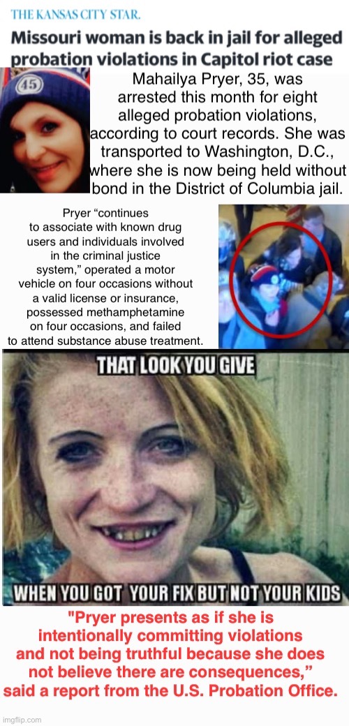 Pryer's Priors and More | image tagged in methhead,lock her up,criminal,her missouri purchases,low i q,flagrant disregard | made w/ Imgflip meme maker