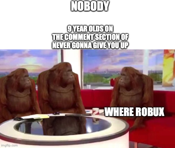 where monkey | NOBODY; 9 YEAR OLDS ON THE COMMENT SECTION OF NEVER GONNA GIVE YOU UP; WHERE ROBUX | image tagged in where monkey | made w/ Imgflip meme maker