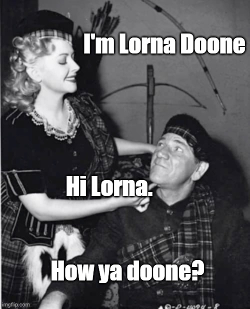 I'm Lorna Doone; Hi Lorna. How ya doone? | image tagged in three stooges,shemp,funny meme | made w/ Imgflip meme maker