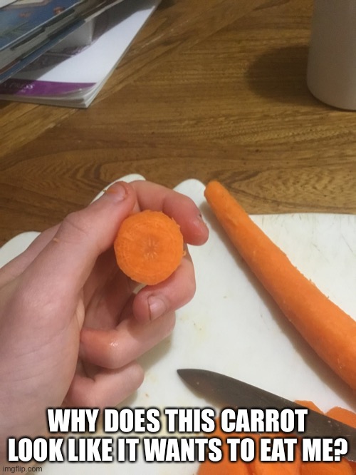 Teeth. | WHY DOES THIS CARROT LOOK LIKE IT WANTS TO EAT ME? | image tagged in carrots,have,teeth | made w/ Imgflip meme maker