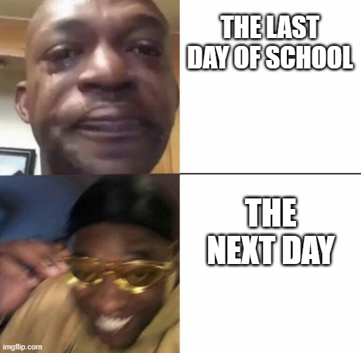 every single time | THE LAST DAY OF SCHOOL; THE NEXT DAY | image tagged in sad then happy,relatable | made w/ Imgflip meme maker