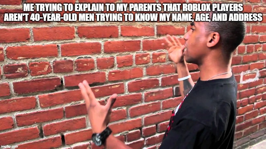 bruh | ME TRYING TO EXPLAIN TO MY PARENTS THAT ROBLOX PLAYERS AREN'T 40-YEAR-OLD MEN TRYING TO KNOW MY NAME, AGE, AND ADDRESS | image tagged in talking to wall | made w/ Imgflip meme maker