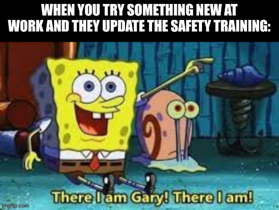 Health and Safety | WHEN YOU TRY SOMETHING NEW AT WORK AND THEY UPDATE THE SAFETY TRAINING: | image tagged in there i am gary,safety,safety first,work | made w/ Imgflip meme maker