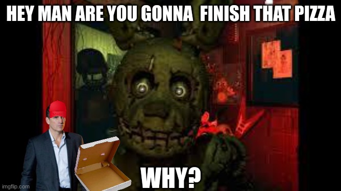 fnaf3 | HEY MAN ARE YOU GONNA  FINISH THAT PIZZA; WHY? | image tagged in fnaf3 | made w/ Imgflip meme maker