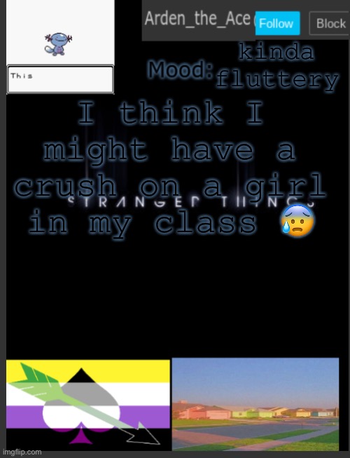 asflkyddgjvsrujbhkyfsevbkvdsssynbsttibv | kinda fluttery; I think I might have a crush on a girl in my class 😰 | image tagged in arden the ace's template,arikbsgjbsyyscumcsdadthv | made w/ Imgflip meme maker