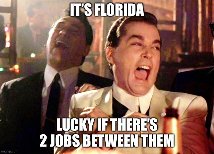 Good Fellas Hilarious | IT’S FLORIDA; LUCKY IF THERE’S 2 JOBS BETWEEN THEM | image tagged in memes,good fellas hilarious | made w/ Imgflip meme maker