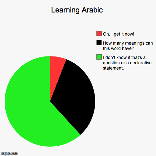Learning Arabic | I don't know if that's a question or a declarative statement., How many meanings can this word have?, Oh, I get it now! | image tagged in funny,pie charts | made w/ Imgflip chart maker