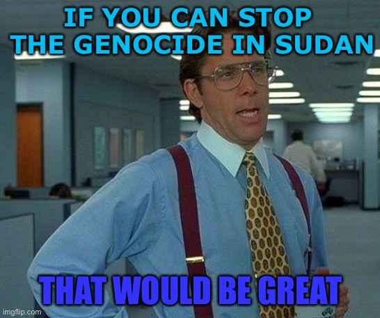 Stop Genocide In Sudan | IF YOU CAN STOP 
THE GENOCIDE IN SUDAN; THAT WOULD BE GREAT | image tagged in memes,that would be great | made w/ Imgflip meme maker
