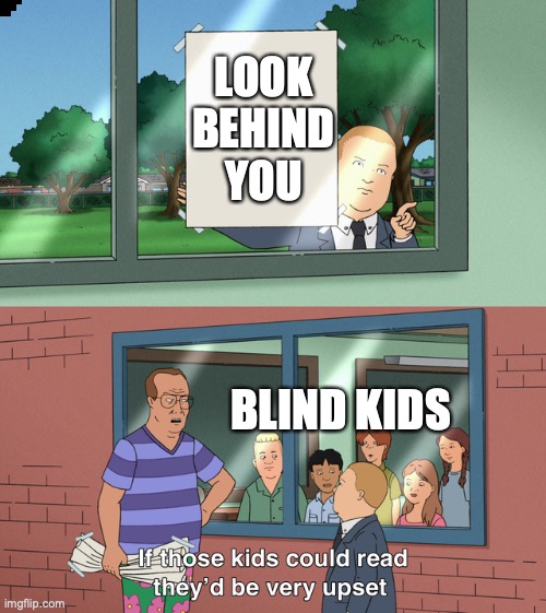 If those kids could read they'd be very upset | LOOK BEHIND YOU; BLIND KIDS | image tagged in if those kids could read they'd be very upset | made w/ Imgflip meme maker