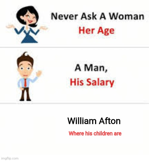 Never ask a woman her age | William Afton; Where his children are | image tagged in never ask a woman her age | made w/ Imgflip meme maker