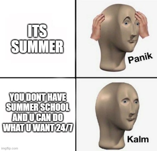 ITS SUMMER YOU DONT HAVE SUMMER SCHOOL AND U CAN DO WHAT U WANT 24/7 | image tagged in panik kalm | made w/ Imgflip meme maker