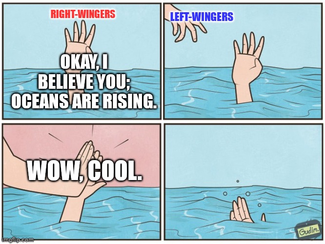 You know they don't wanna help you. | LEFT-WINGERS; RIGHT-WINGERS; OKAY, I BELIEVE YOU; OCEANS ARE RISING. WOW, COOL. | image tagged in high five drown | made w/ Imgflip meme maker