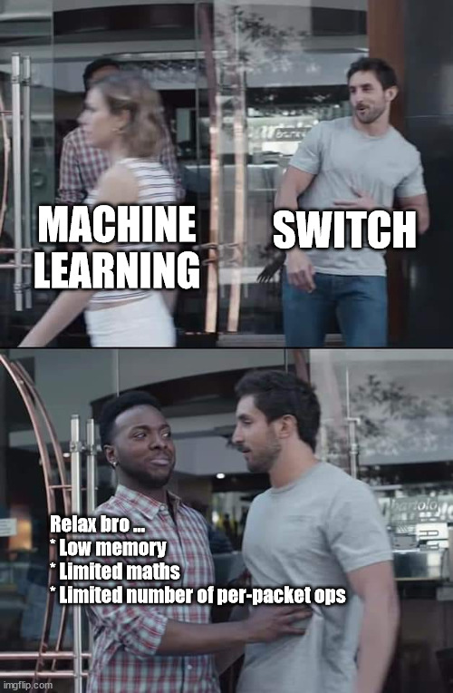 black guy stopping | SWITCH; MACHINE LEARNING; Relax bro ...
* Low memory
* Limited maths
* Limited number of per-packet ops | image tagged in black guy stopping | made w/ Imgflip meme maker