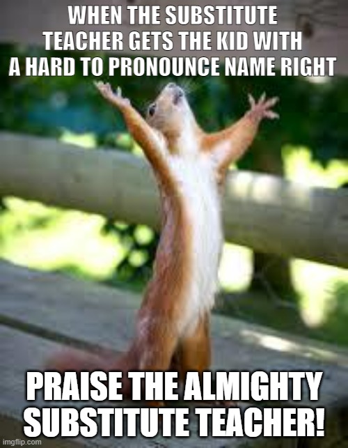 I like squirrels (: | WHEN THE SUBSTITUTE TEACHER GETS THE KID WITH A HARD TO PRONOUNCE NAME RIGHT; PRAISE THE ALMIGHTY SUBSTITUTE TEACHER! | image tagged in praise squirrel | made w/ Imgflip meme maker