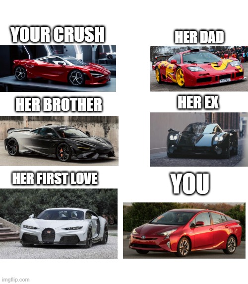YOUR CRUSH; HER DAD; HER EX; HER BROTHER; YOU; HER FIRST LOVE | image tagged in memes,funny,crush,cars | made w/ Imgflip meme maker