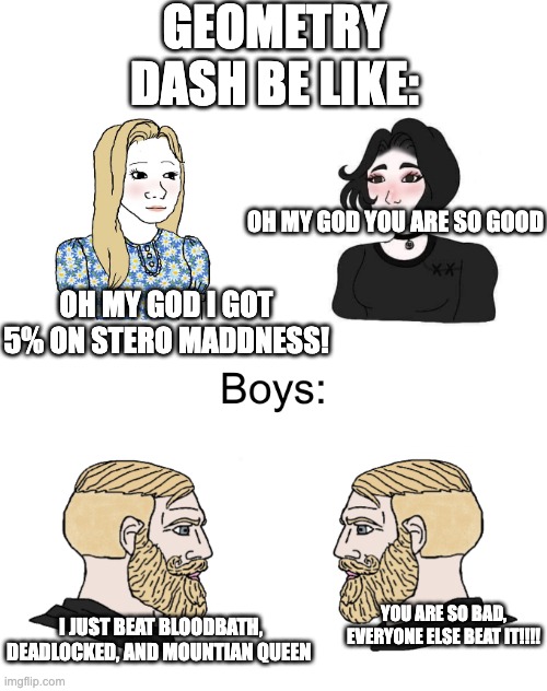 Boys girls | GEOMETRY DASH BE LIKE:; OH MY GOD YOU ARE SO GOOD; OH MY GOD I GOT 5% ON STERO MADDNESS! I JUST BEAT BLOODBATH, DEADLOCKED, AND MOUNTIAN QUEEN; YOU ARE SO BAD, EVERYONE ELSE BEAT IT!!!! | image tagged in boys girls | made w/ Imgflip meme maker