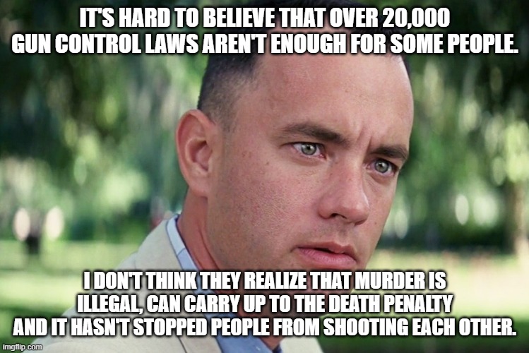 Gun Control ridiculousness | IT'S HARD TO BELIEVE THAT OVER 20,000 GUN CONTROL LAWS AREN'T ENOUGH FOR SOME PEOPLE. I DON'T THINK THEY REALIZE THAT MURDER IS ILLEGAL, CAN CARRY UP TO THE DEATH PENALTY AND IT HASN'T STOPPED PEOPLE FROM SHOOTING EACH OTHER. | image tagged in memes,and just like that | made w/ Imgflip meme maker