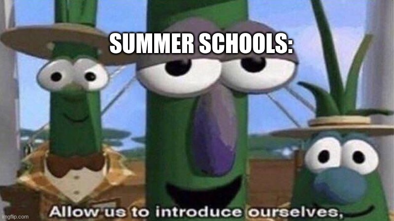 summer school | SUMMER SCHOOLS: | image tagged in veggietales 'allow us to introduce ourselfs',summer vacation,school | made w/ Imgflip meme maker