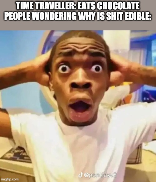 Shocked black guy | TIME TRAVELLER: EATS CHOCOLATE
PEOPLE WONDERING WHY IS SH!T EDIBLE: | image tagged in shocked black guy,time travel,chocolate,meme | made w/ Imgflip meme maker