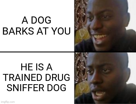 Oh yeah! Oh no... | A DOG BARKS AT YOU; HE IS A TRAINED DRUG SNIFFER DOG | image tagged in oh yeah oh no | made w/ Imgflip meme maker