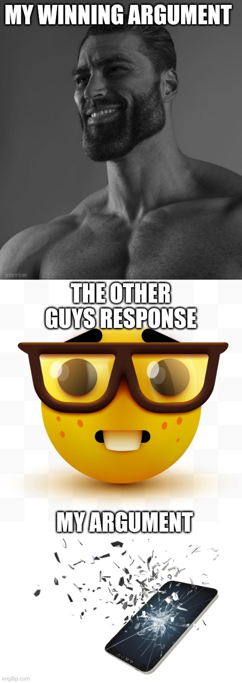 Stupid nerd emoji | MY WINNING ARGUMENT; THE OTHER GUYS RESPONSE; MY ARGUMENT | image tagged in giga chad,nerd emoji,shattered phone | made w/ Imgflip meme maker