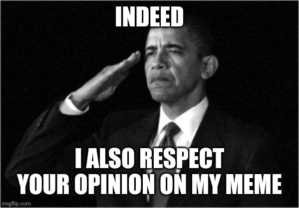 obama-salute | INDEED I ALSO RESPECT YOUR OPINION ON MY MEME | image tagged in obama-salute | made w/ Imgflip meme maker