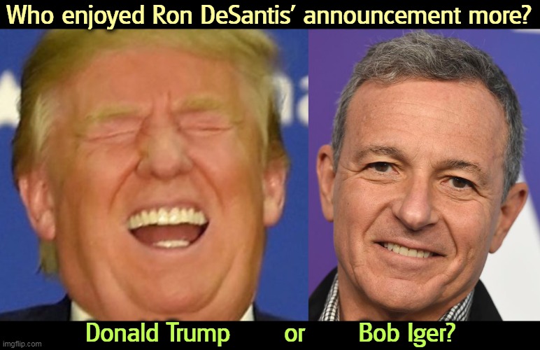 Who enjoyed Ron DeSantis' announcement more? Donald Trump       or       Bob Iger? | image tagged in trump laughing,bob iger,ron desantis,fiasco | made w/ Imgflip meme maker
