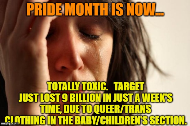 First World Problems | PRIDE MONTH IS NOW... TOTALLY TOXIC.   TARGET JUST LOST 9 BILLION IN JUST A WEEK'S TIME, DUE TO QUEER/TRANS CLOTHING IN THE BABY/CHILDREN'S SECTION. | image tagged in memes,first world problems | made w/ Imgflip meme maker
