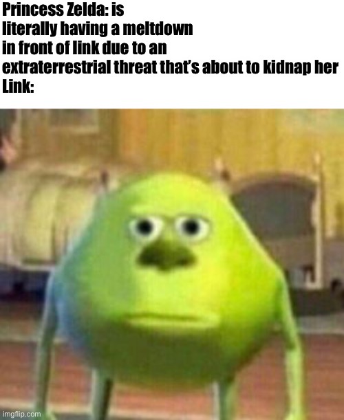 Mike Monster Inc Bruh Meme | Princess Zelda: is literally having a meltdown in front of link due to an extraterrestrial threat that’s about to kidnap her
Link: | image tagged in mike monster inc bruh meme | made w/ Imgflip meme maker