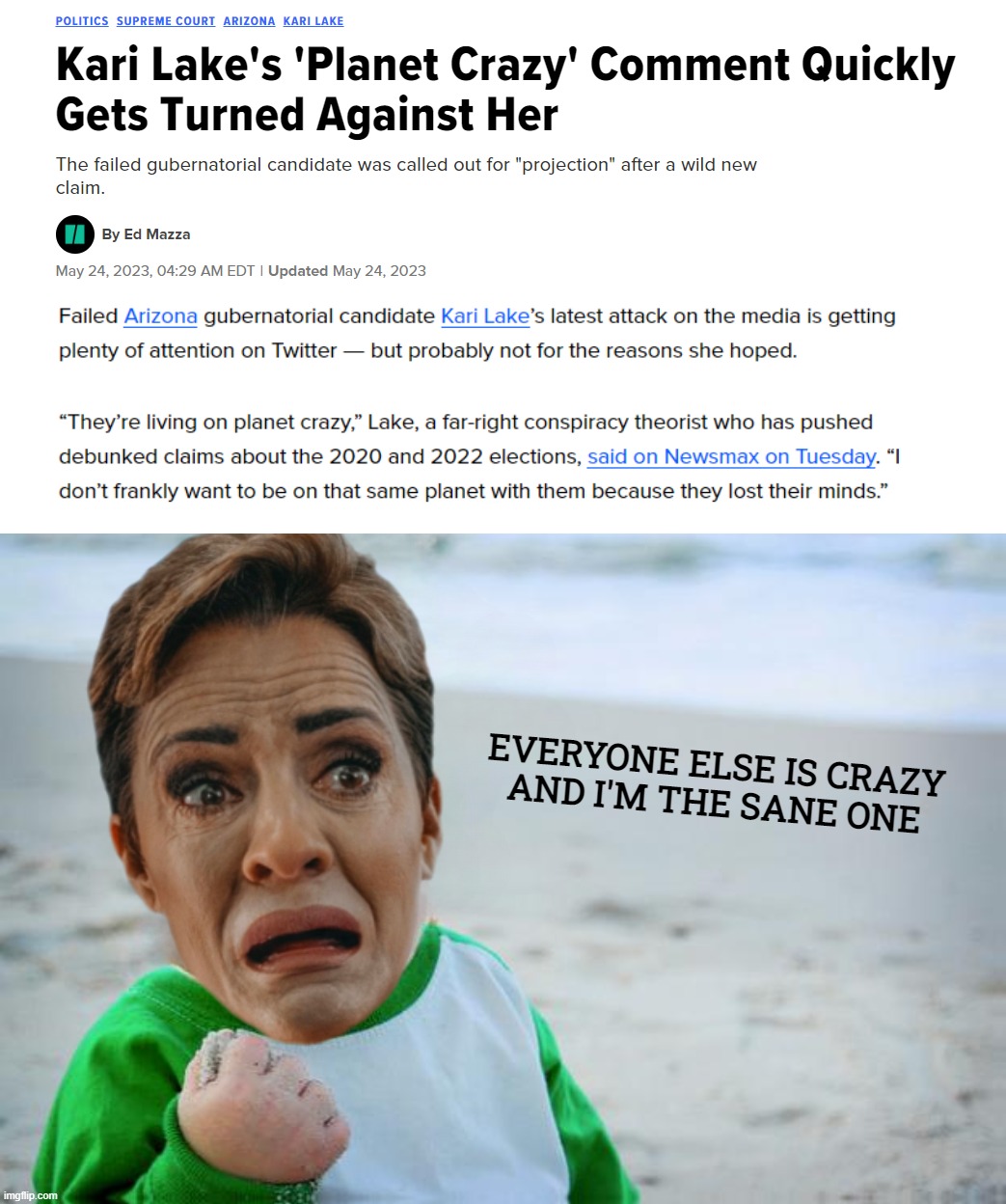 crazy beotch... | EVERYONE ELSE IS CRAZY
AND I'M THE SANE ONE | image tagged in crazy lady,stupid,dumb,liar,pathetic,loser | made w/ Imgflip meme maker