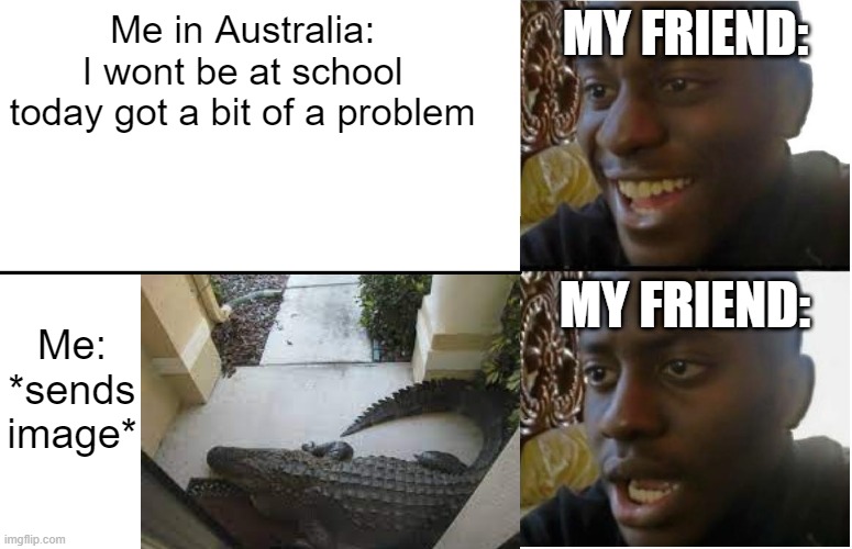 Disappointed Black Guy | MY FRIEND:; Me in Australia: I wont be at school today got a bit of a problem; MY FRIEND:; Me: *sends image* | image tagged in disappointed black guy | made w/ Imgflip meme maker