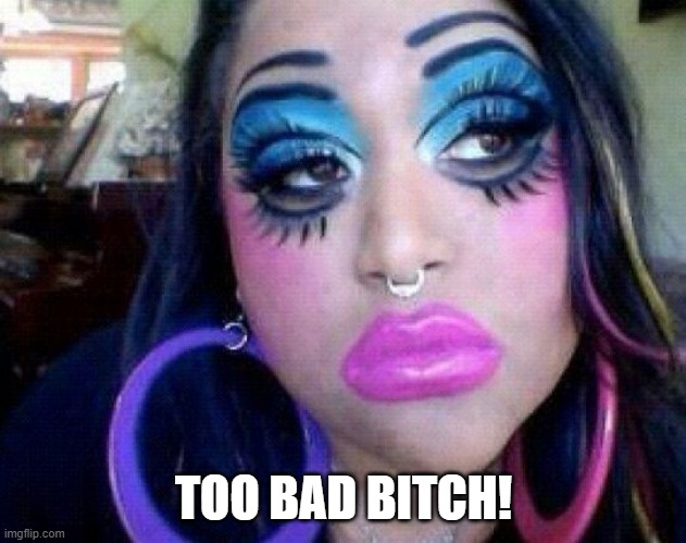 bad make up | TOO BAD BITCH! | image tagged in bad make up | made w/ Imgflip meme maker