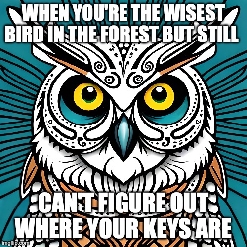 owl | WHEN YOU'RE THE WISEST BIRD IN THE FOREST BUT STILL; CAN'T FIGURE OUT WHERE YOUR KEYS ARE | image tagged in owl,owls,the owl house,knowledge is power | made w/ Imgflip meme maker