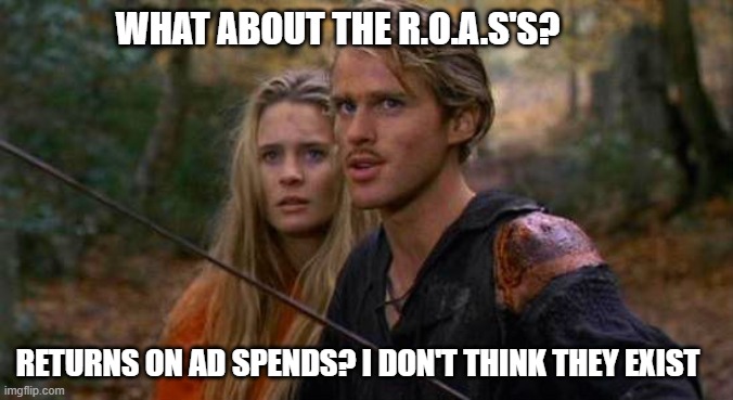 Princess Bride Westley | WHAT ABOUT THE R.O.A.S'S? RETURNS ON AD SPENDS? I DON'T THINK THEY EXIST | image tagged in princess bride westley | made w/ Imgflip meme maker