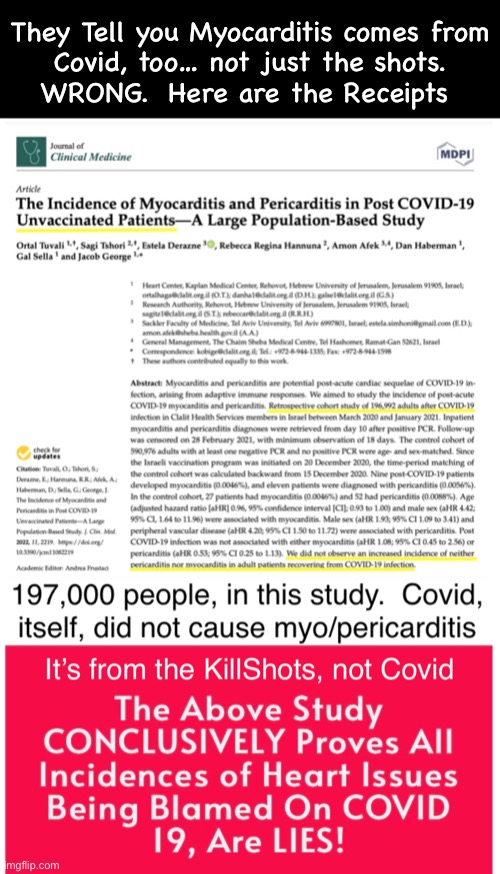 Myocarditis from Covid?  That’s what they Say | They Tell you Myocarditis comes from
Covid, too… not just the shots.

WRONG.  Here are the Receipts | image tagged in memes,they lie,lie cheat steal,whatever it takes to get their way,because lefties have no values principles morals,fjb voters | made w/ Imgflip meme maker