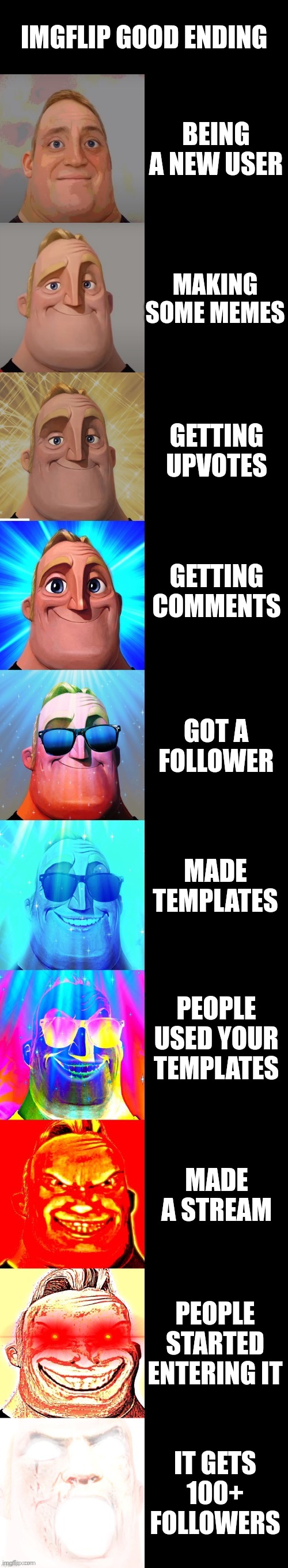 I made this meme quickly to let you know that I made this specific template, I'm not the og creator though, I don't know who mad | IMGFLIP GOOD ENDING; BEING A NEW USER; MAKING SOME MEMES; GETTING UPVOTES; GETTING COMMENTS; GOT A FOLLOWER; MADE TEMPLATES; PEOPLE USED YOUR TEMPLATES; MADE A STREAM; PEOPLE STARTED ENTERING IT; IT GETS 100+ FOLLOWERS | image tagged in mr incredible becoming canny | made w/ Imgflip meme maker