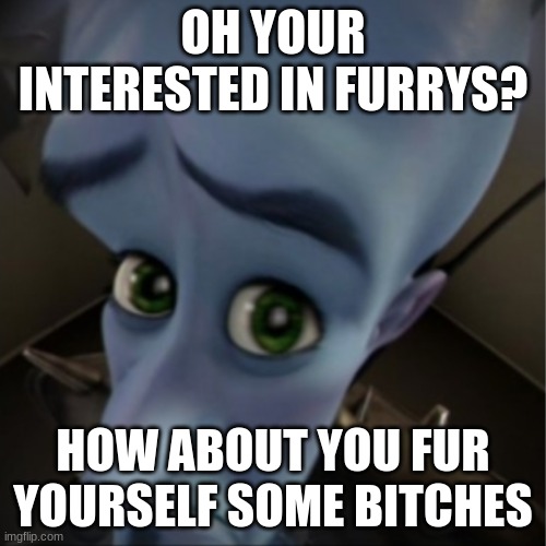 send this to furrys lmao | OH YOUR INTERESTED IN FURRYS? HOW ABOUT YOU FUR YOURSELF SOME BITCHES | image tagged in megamind peeking | made w/ Imgflip meme maker