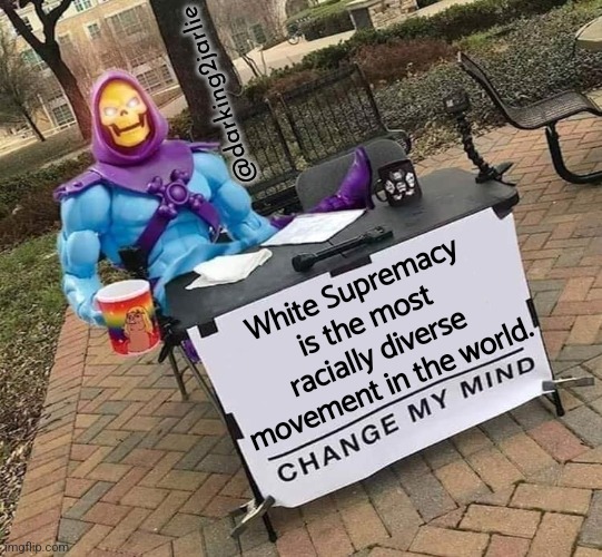 Skeletor | @darking2jarlie; White Supremacy is the most racially diverse movement in the world. | image tagged in skeletor change my mind,white supremacy,nazi,white supremacists,liberal logic,america | made w/ Imgflip meme maker