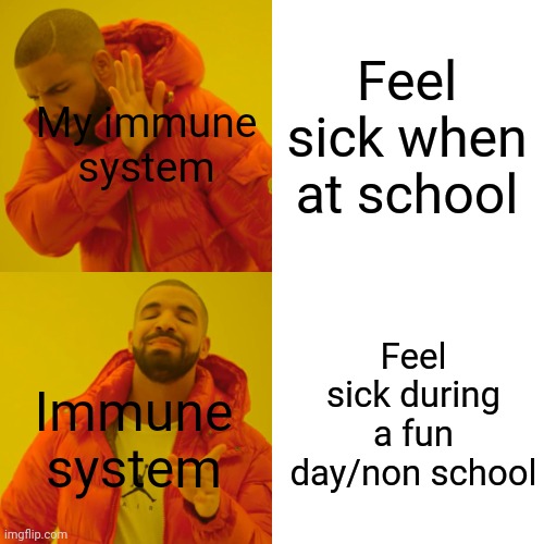 Why. Can it be the other way around | Feel sick when at school; My immune system; Feel sick during a fun day/non school; Immune system | image tagged in memes,drake hotline bling,relatable,true story,school | made w/ Imgflip meme maker