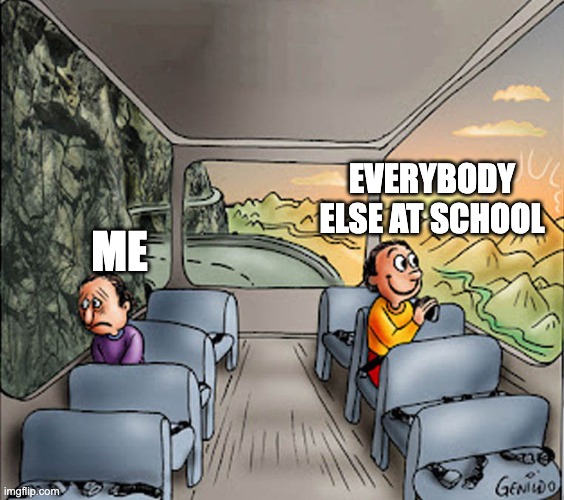 I seem like the only person who doesn't like school | EVERYBODY ELSE AT SCHOOL; ME | image tagged in two guys on a bus | made w/ Imgflip meme maker