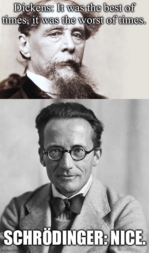 Schrödinger and Dickens | Dickens: It was the best of times, it was the worst of times. SCHRÖDINGER: NICE. | image tagged in charles dickens debt,erwin schrodinger,best,nice,cat,schrodinger | made w/ Imgflip meme maker
