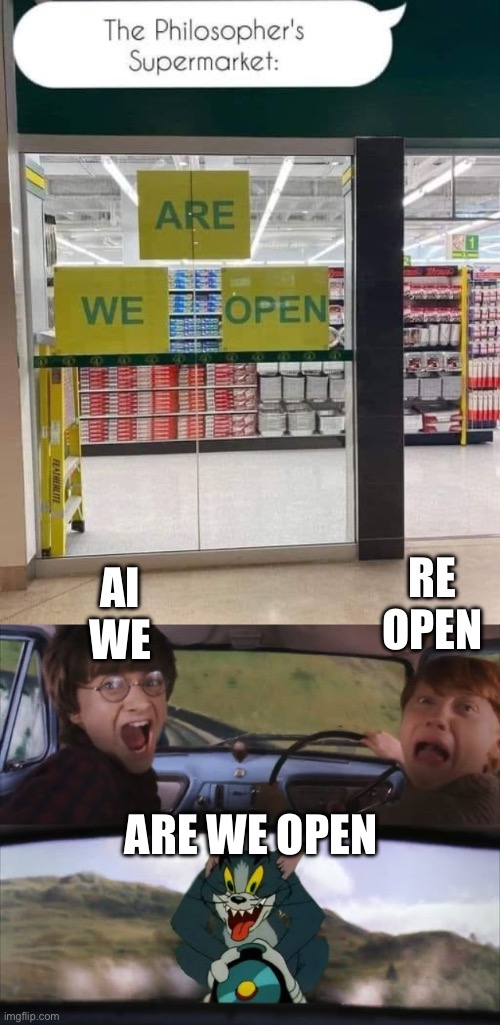 Philosopher’s Supermarket | RE
OPEN; AI
WE; ARE WE OPEN | image tagged in tom chasing harry and ron weasly,open,we | made w/ Imgflip meme maker