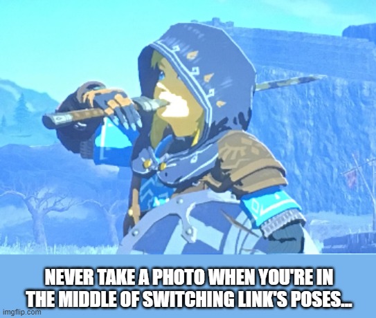 NEVER TAKE A PHOTO WHEN YOU'RE IN THE MIDDLE OF SWITCHING LINK'S POSES... | image tagged in legend of zelda | made w/ Imgflip meme maker